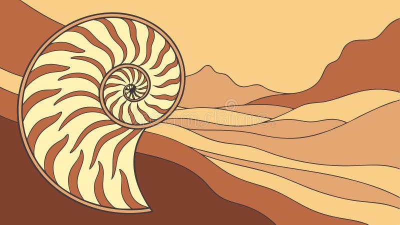 Nautilus shell in desert landscape. Warm flat vector scene, vector design Generative AI stock illustration