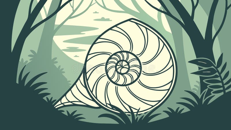 Nautilus Shell in Red Tropical Landscape with Palms, vector design Generative AI royalty free illustration