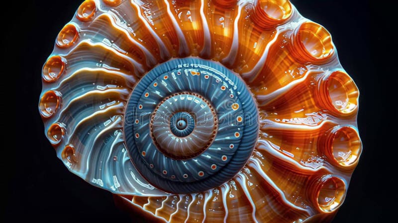 Nautilus shell with intricate patterns and vibrant colors illuminated against a dark background stock illustration