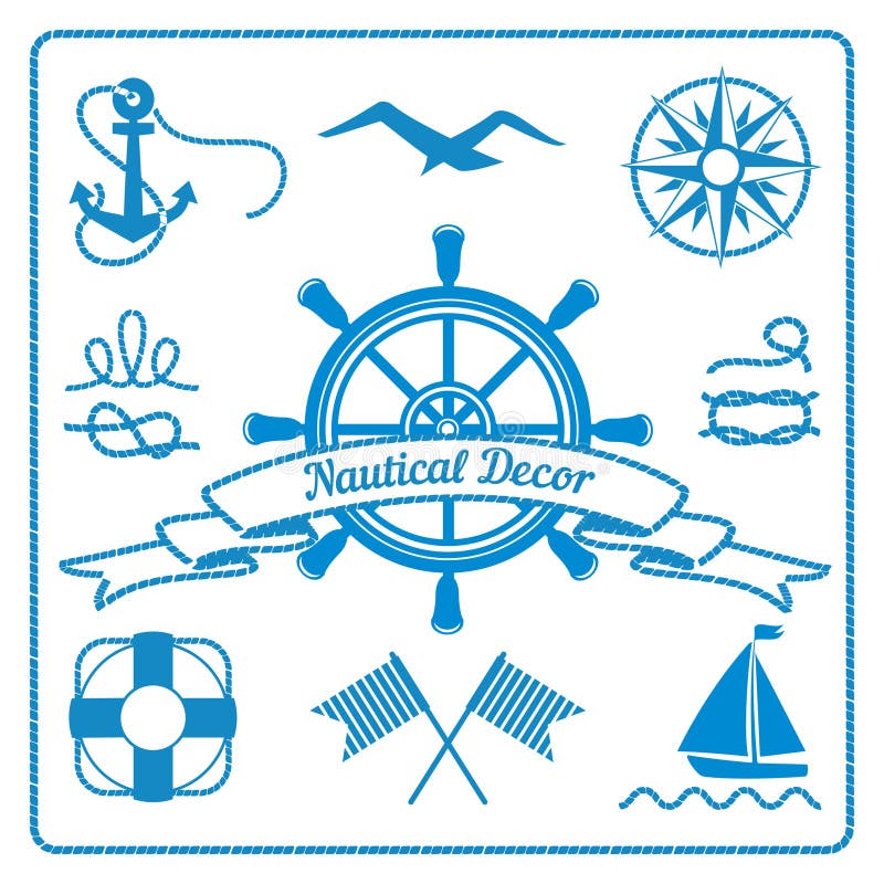 Nautical badges and decor marine elements with steering wheel, rope and lifeline, vector eps10 illustration. Nautical badges and decor marine elements with steering wheel, rope and lifeline, vector eps10 illustration