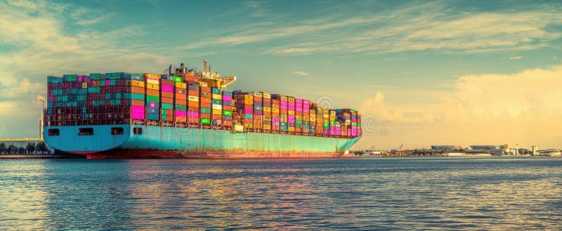 Nava de containere colorate se încarcă într-un port agitat în timpul apusului. stock photos