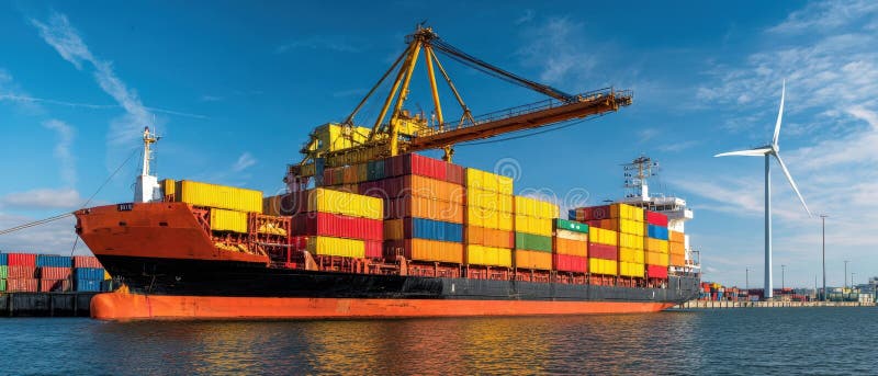 Nava de containere colorată andocată într-un port aglomerat cu turbine eoliene. imagine generată de AI stock images