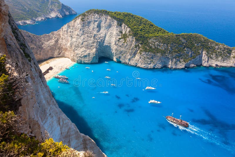 Navagio beach from Shipwreck cliff view in Zakynthos Zante island, in Greece