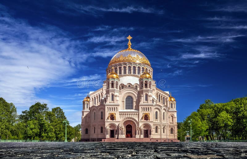 The Naval cathedral of Saint Nicholas in Kronstadt under blue sky