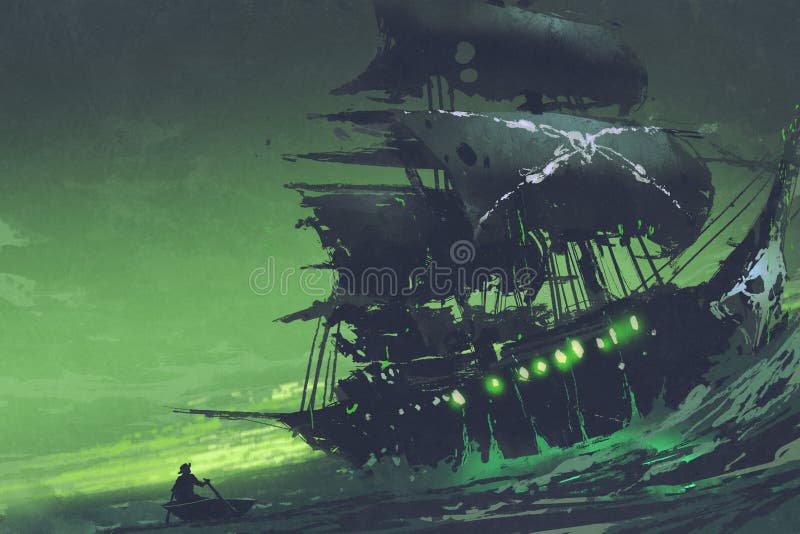 Nave di pirata del fantasma dell'olandese volante nel mare con luce verde misteriosa illustrazione di stock Nave di pirata del fantasma dell'olandese volante nel mare con luce verde misteriosa illustrazione di stock