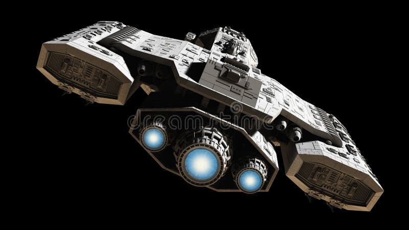 Science fiction illustration of a spaceship isolated on a black background with blue engine glow, back view, 3d digitally rendered illustration. Science fiction illustration of a spaceship isolated on a black background with blue engine glow, back view, 3d digitally rendered illustration