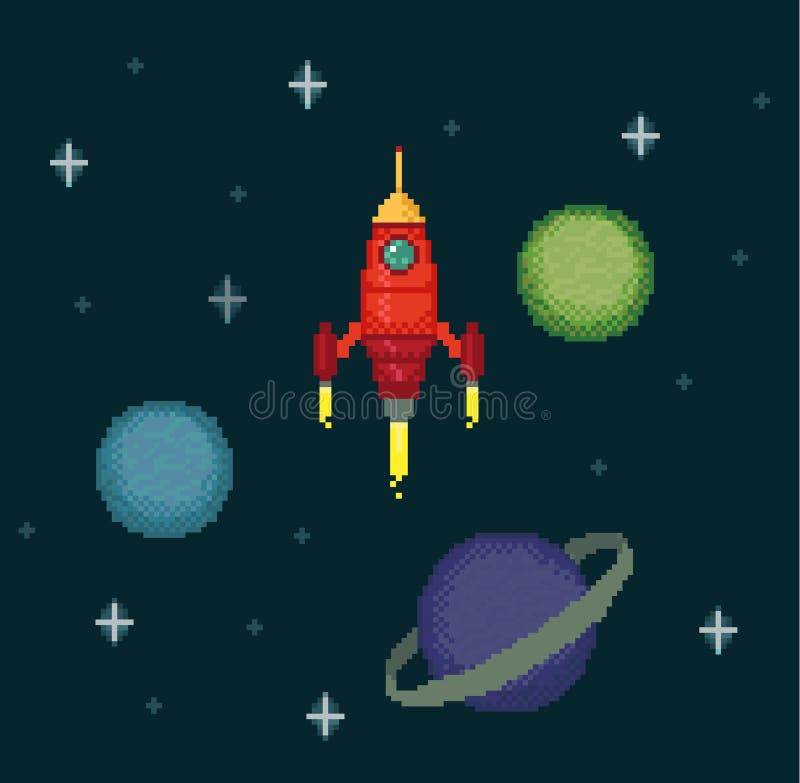 Conjunto De Elementos De Pixel Art Para O Jogo De Guerra Espacial. Planetas  De Pixel, Naves Espaciais, Alienígenas, Astronauta, Fogo Etc. Ilustração  Vetorial Para Jogos Em Estilo Retro. Royalty Free SVG, Cliparts