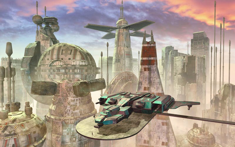 Nave espacial e cidade futurista ilustração do vetor Nave espacial e cidade futurista ilustração do vetor