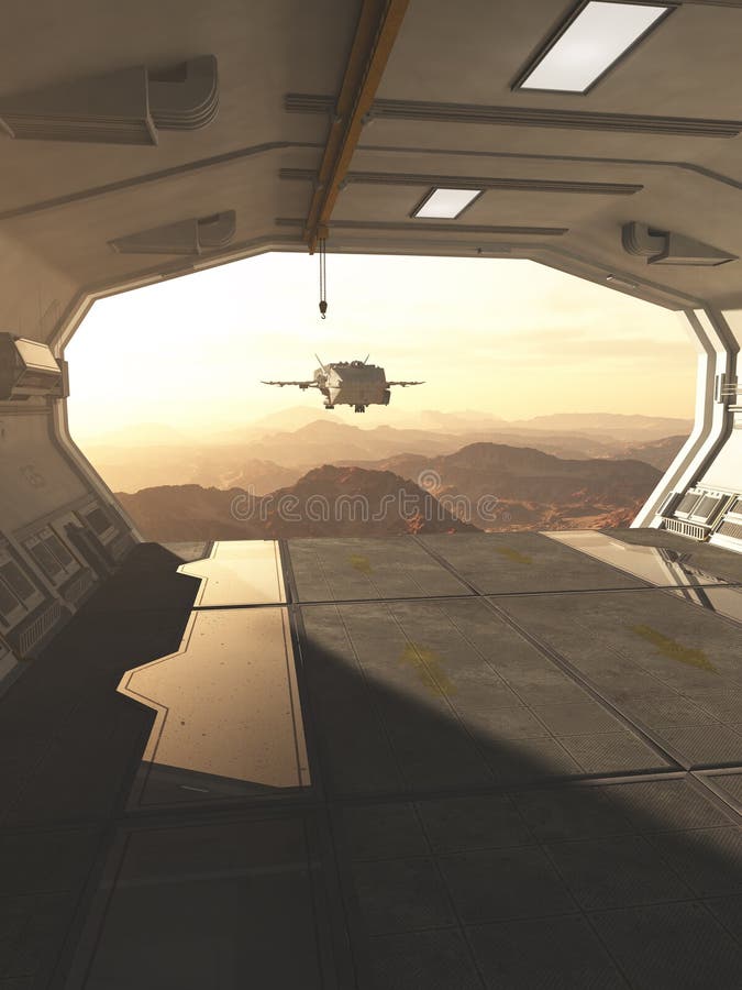 Nave espacial que vuelve para basar en un planeta rojo del desierto libre illustration Nave espacial que vuelve para basar en un planeta rojo del desierto libre illustration