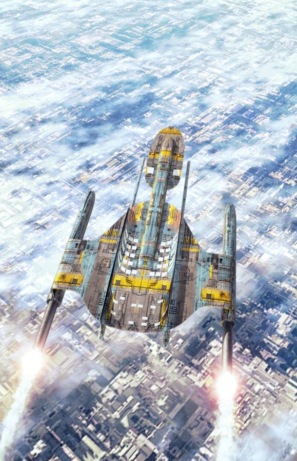 Nave espacial sobre una ciudad stock de ilustración Nave espacial sobre una ciudad stock de ilustración