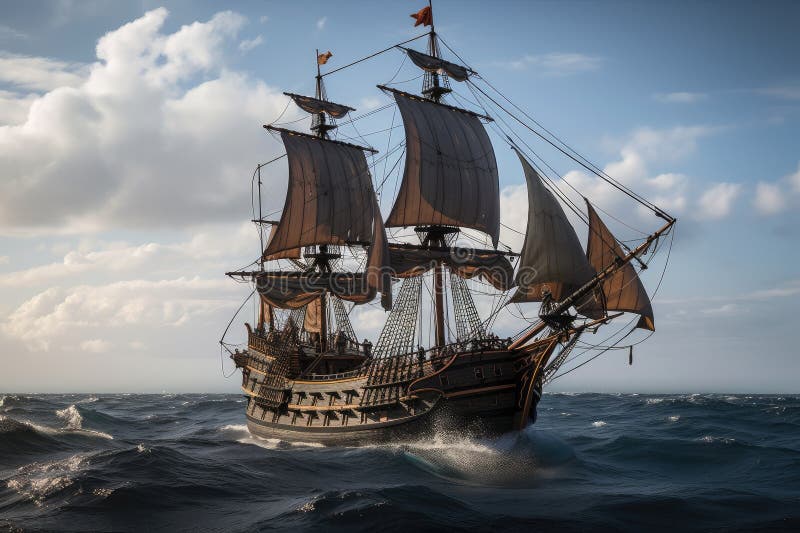 Nave pirata in alto mare con vele dispiegate e equipaggio pronto