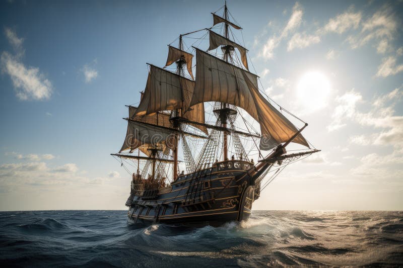 Nave pirata in alto mare con vele dispiegate e equipaggio pronto