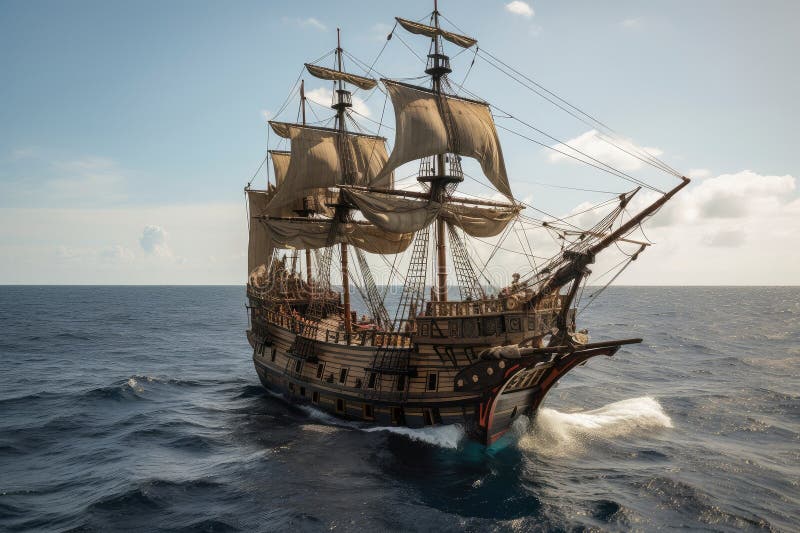 Nave pirata a vela slittata e armi da fuoco pronta a sparare mentre attraversa il mare aperto