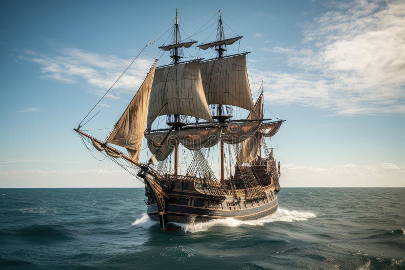 Nave pirata a vela slittata e armi da fuoco pronta a sparare mentre attraversa il mare aperto