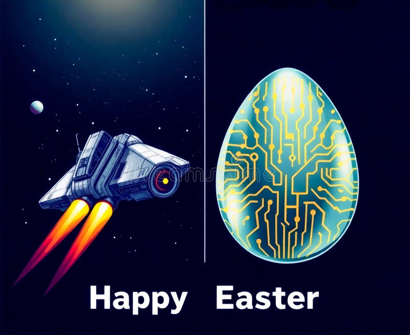 Nave spaziale che attraversa l'universo, con le uova di circuito che celebrano la Pasqua. Generative AI illustrazione vettoriale