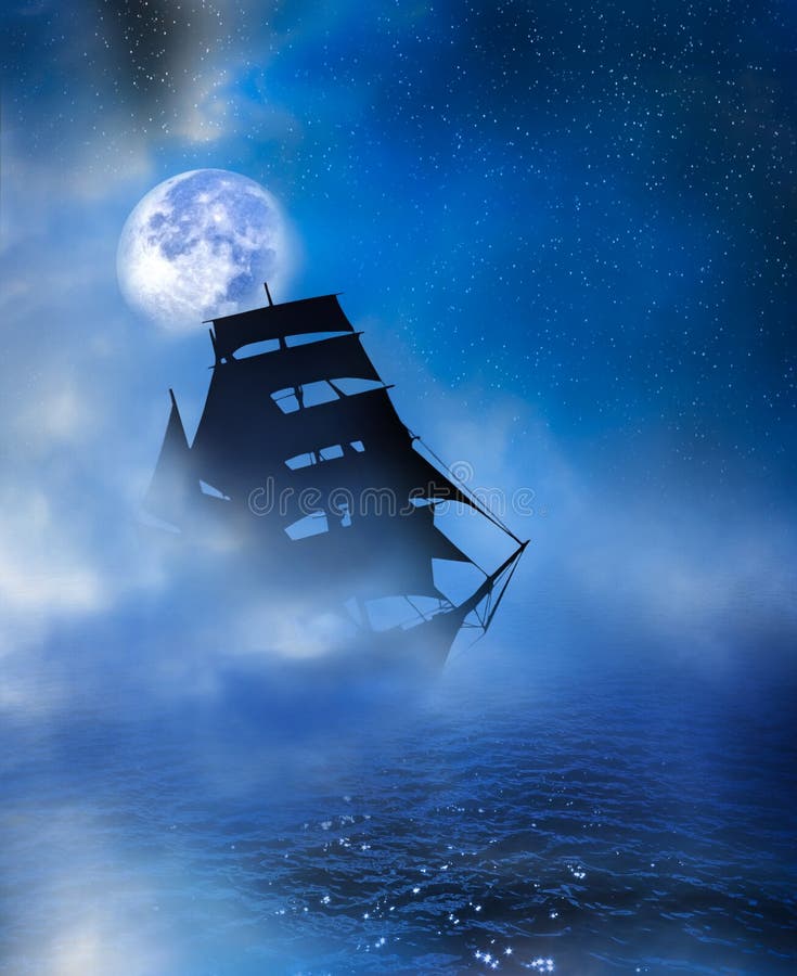 A ghostly image of a tall ship passing through mists and fog under a full moon on dark calm seas. Starry background. A ghostly image of a tall ship passing through mists and fog under a full moon on dark calm seas. Starry background.
