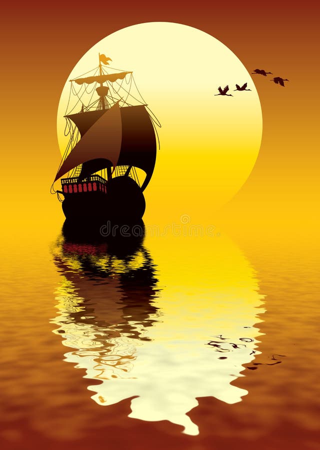 Illustration of ancient ship sailing to the sun. Illustration of ancient ship sailing to the sun