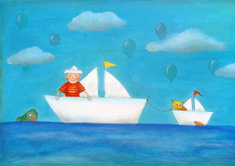 Young boy sailing, child's drawing, oil painting on canvas. Young boy sailing, child's drawing, oil painting on canvas