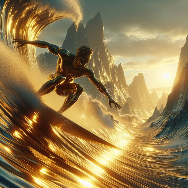 266 16. Surfing_ A scene where surfers ride waves made of liquid gold, carving through the shimmering peaks with grace and agility., photorealistic, cinematic -2. 266 16. Surfing_ A scene where surfers ride waves made of liquid gold, carving through the shimmering peaks with grace and agility., photorealistic, cinematic -2