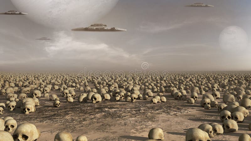 Naves espaciais sobre um campo dos crânios ilustração stock Naves espaciais sobre um campo dos crânios ilustração stock