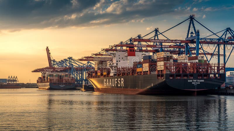 Navi da carico attraccate in un porto occupato durante l'ora d'oro con gru in background. Due grandi navi da carico sono attraccate in un porto in cui è in atto un carico di container di trasporto colorati e impilati. Le griglie sono posizionate sullo sfondo mentre il sole tramonta un bagliore caldo