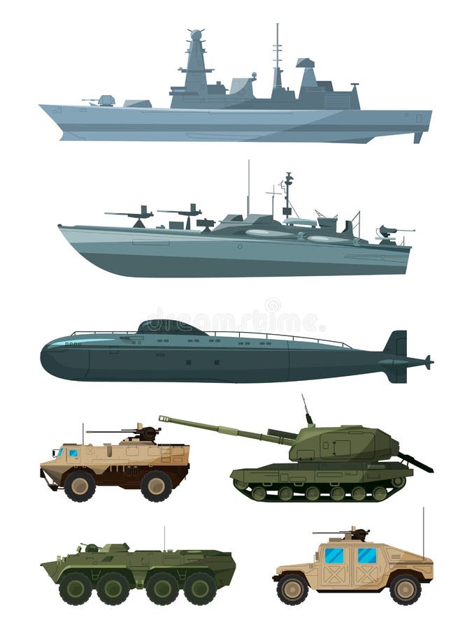 Navi da guerra e veicoli blindati delle forze terrestri I militari trasportano il supporto illustrazione vettoriale Navi da guerra e veicoli blindati delle forze terrestri I militari trasportano il supporto illustrazione vettoriale