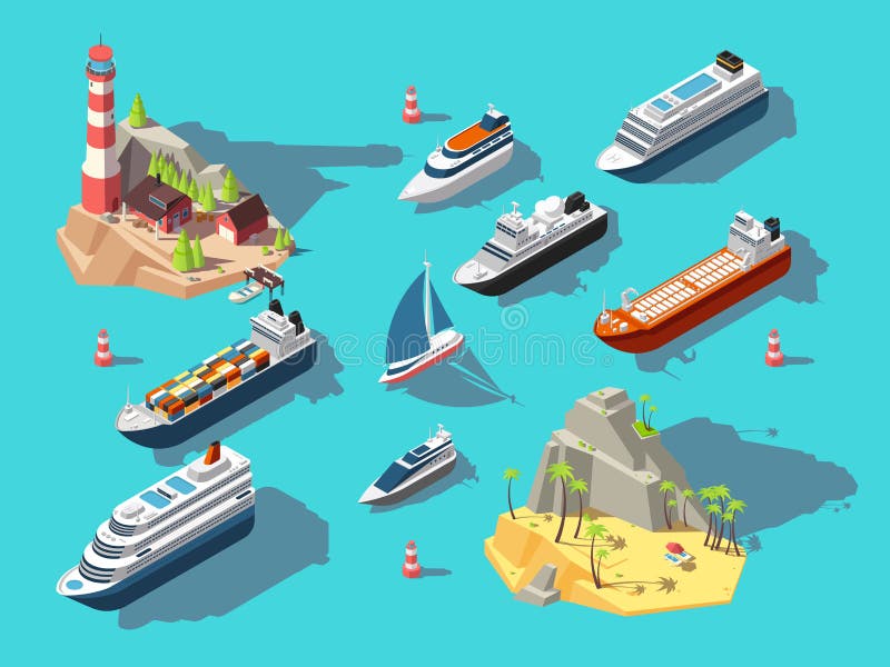 Navi isometriche Barche e imbarcazioni a vela, isola tropicale dell'oceano con il faro e spiaggia illustrazione di vettore 3d illustrazione di stock Navi isometriche Barche e imbarcazioni a vela, isola tropicale dell'oceano con il faro e spiaggia illustrazione di vettore 3d illustrazione di stock