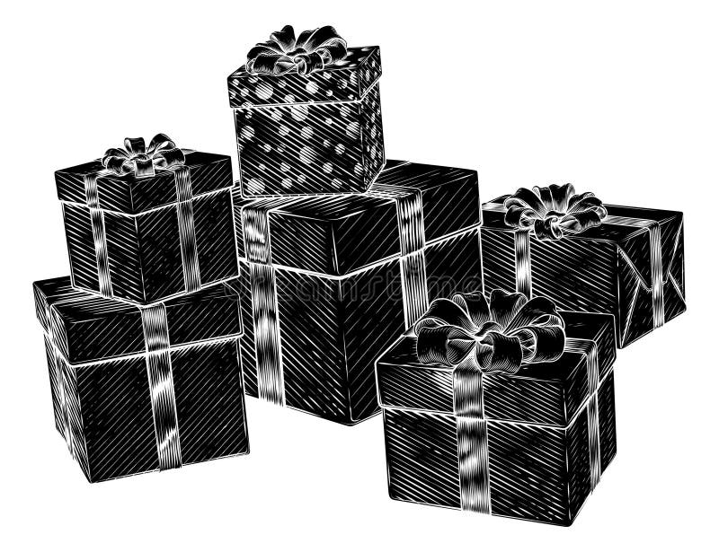 Navidad regalos cumpleaños regalos cajas pila pilas. Regalos de navidad o regalos de cumpleaños en cajas en una pila o pila. envuelto en papel de envolvimiento con arcos de cinta en una ilustración de carpintería vintage de mano estilo de grabado.