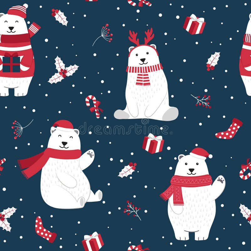 Navidad sin fisuras con fondo de oso polar, patrón invernal con bayas huecas, papel envolvente, rellenos de patrón