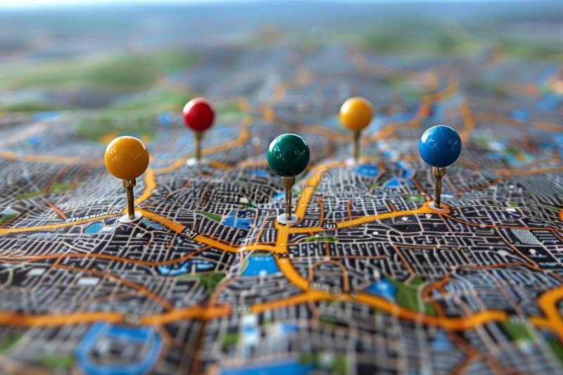 Navigate your journey exploring adventure and discovery through maps and location marking stock illustration