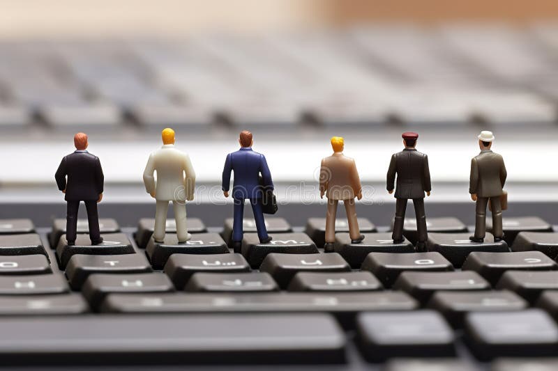 Navigating the Digital Landscape Miniature Businessman Standing on a Keyboard, Illustrating a 