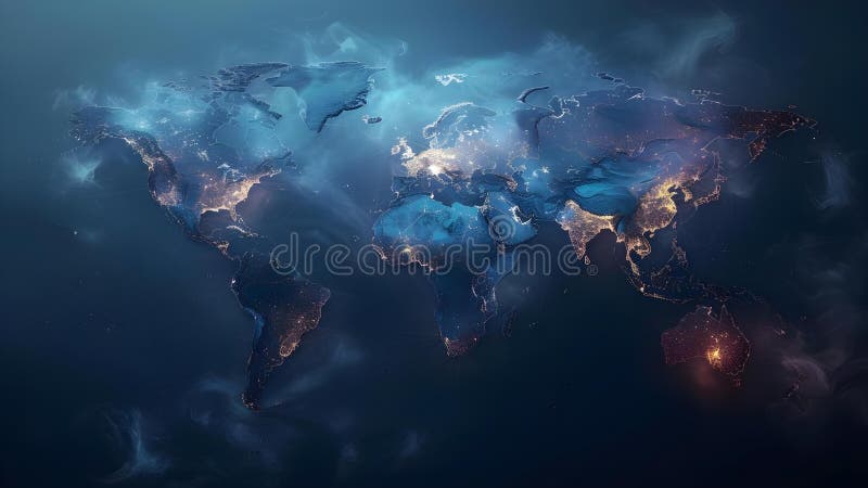 Navigating the Global Network: A Futuristic World Map on a Dark Background. Concept Futuristic Map stock illustration