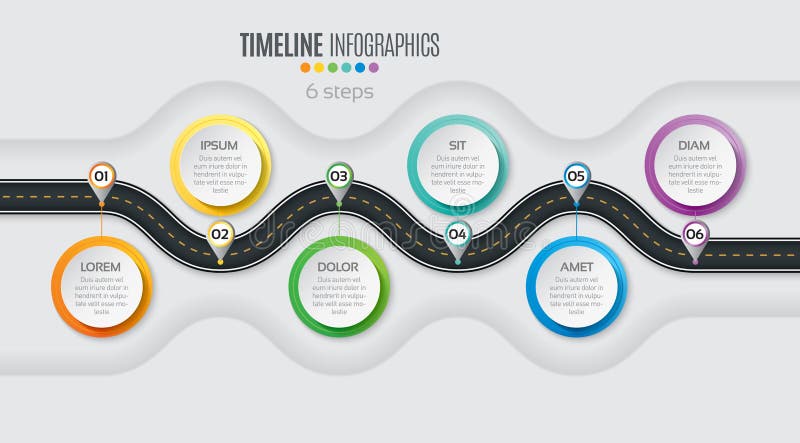 Navigation map infographic 6 steps timeline concept. Winding roa