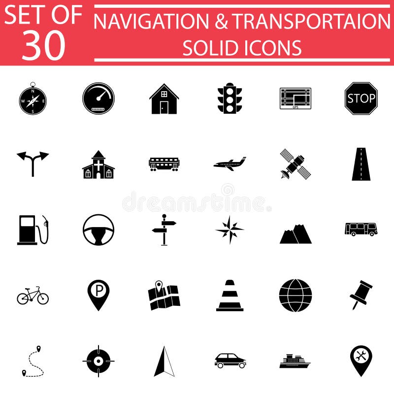 Navigation Solid Icon Set Transport Signs Stock Vector Illustration