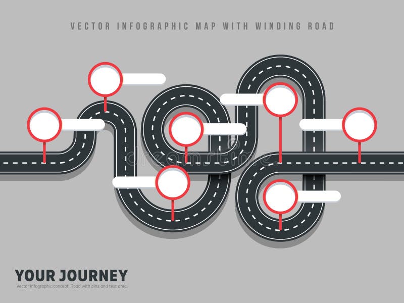 Navigation winding road vector way map infographic on grey background