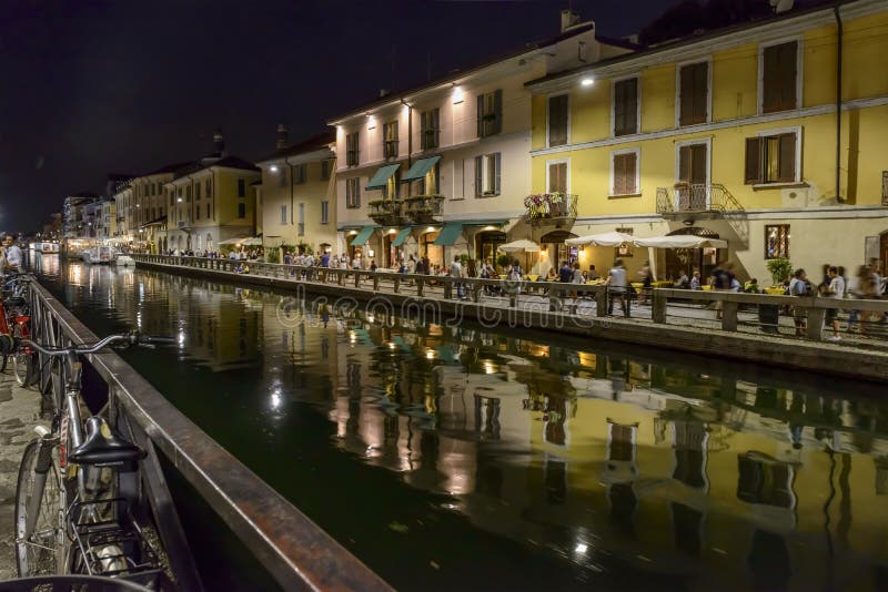 Naviglio Grande Embankment at Night Life Time , Milan, Italy Editorial ...