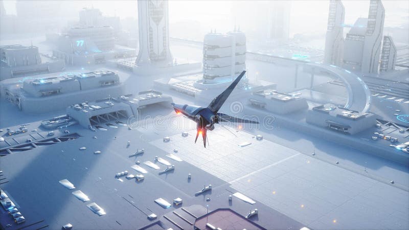 Navio de Sci fi sobre a cidade futurista da névoa Silhueta do homem de negócio Cowering Conceito do futuro rendição 3d ilustração stock Navio de Sci fi sobre a cidade futurista da névoa Silhueta do homem de negócio Cowering Conceito do futuro rendição 3d ilustração stock