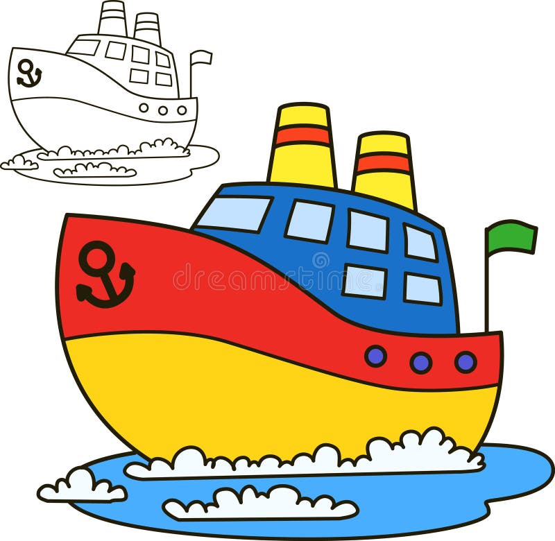 Motor ship. Coloring book page. Cartoon vector illustration. Motor ship. Coloring book page. Cartoon vector illustration