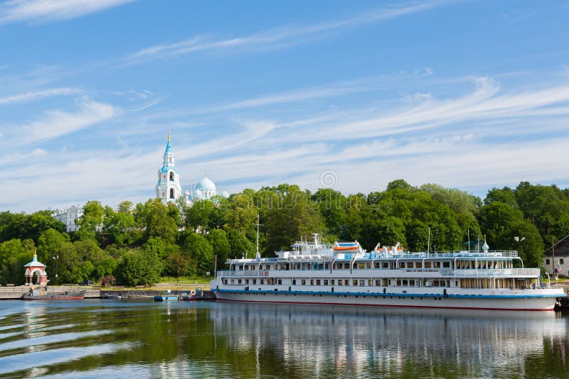 Passenger tourist ship standing at the pier on the island of Valaam. Karelia, Russia. Passenger tourist ship standing at the pier on the island of Valaam. Karelia, Russia.