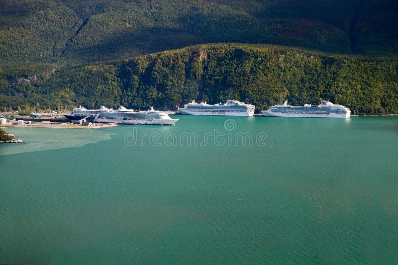 Cruise Ships Docking at Skagway, Alaska - aerial view. Cruise Ships Docking at Skagway, Alaska - aerial view