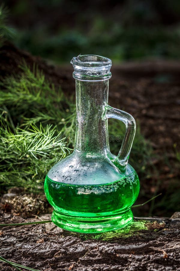 Navire en verre avec le breuvage magique de fines herbes vert dans les bois sur le tronc image libre de droits Navire en verre avec le breuvage magique de fines herbes vert dans les bois sur le tronc image libre de droits