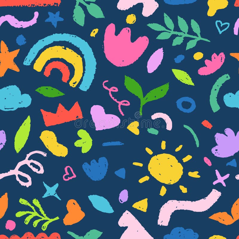 Navy blue background with colorful chalk, crayon pencil hand drawn scribble shapes. Vector abstract seamless pattern. Kids fabric design, wrapping paper, fashion textile print design. Vector abstract seamless pattern vectors