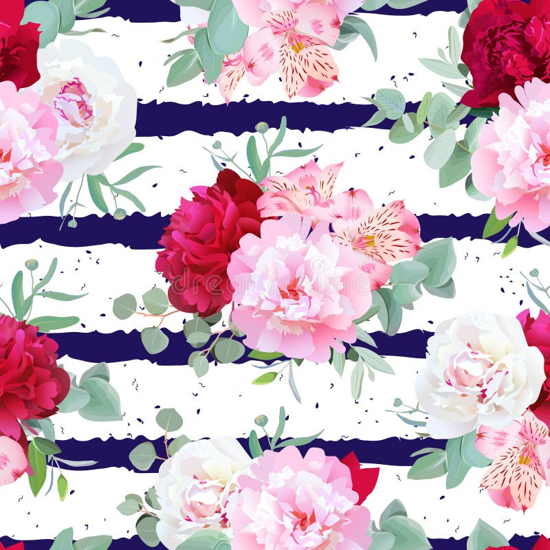 Navy blue striped floral seamless vector print with peony, alstroemeria lily, mint eucaliptus on white. Pink, white and burgundy red flowers. Dotted background.