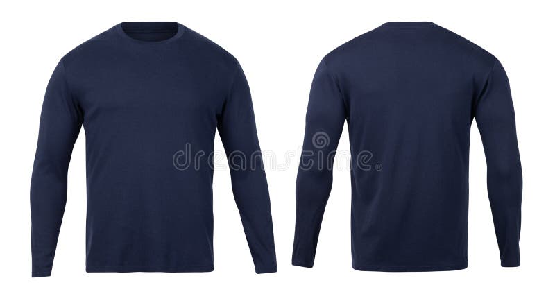 Navy Long Sleeve T-shirt Front and Back View Mock-up Isolated on White ...