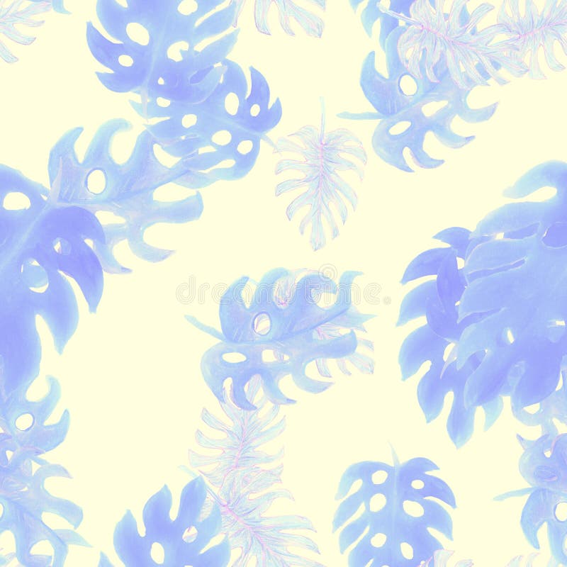 Navy Monstera Pattern Print. Seamless Leaves. Blue Watercolor Leaves