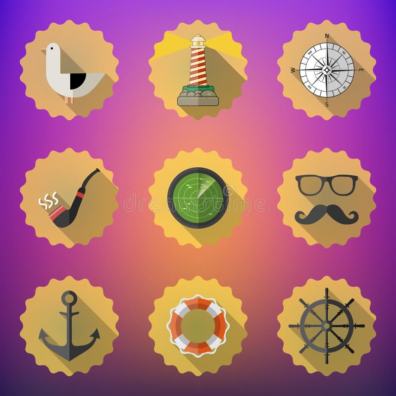 Navy Sailor Marine Flat Vector Icon Set. Include fish sonar radar, anchor, life saver, steering wheel etc