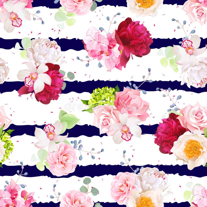 Navy striped print with bouquets of rose, peony, hydrangea, camellia, carnation and eucalyptus leaves. Seamless vector pattern with speckled backdrop. All elements are and editable. Navy striped print with bouquets of rose, peony, hydrangea, camellia, carnation and eucalyptus leaves. Seamless vector pattern with speckled backdrop. All elements are and editable.