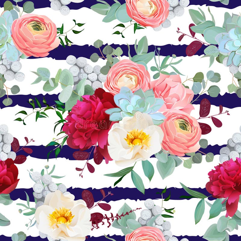 Navy and white striped pattern with autumn mixed bouquets of red peony, pink ranunculus, succulents, wild rose, carnation, brunia and eucalyptus leaves background. Vector seamless print with flowers.