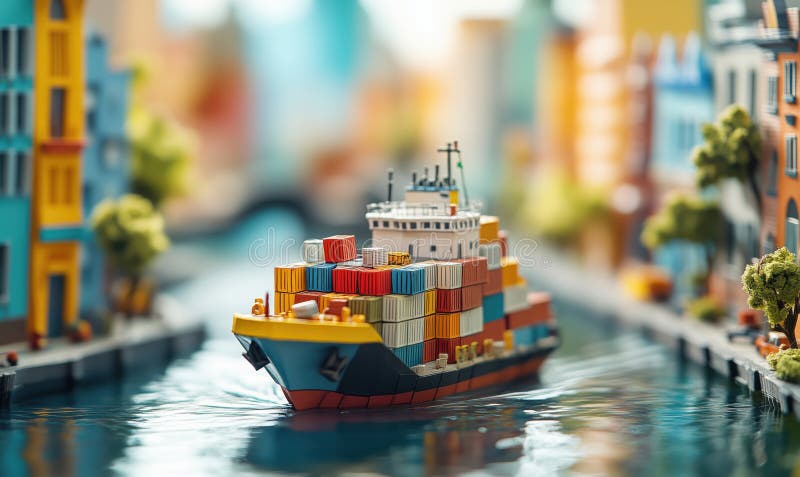 Navă Container Colorată Care Navighează Prin Scena Canalului Miniatural Orașului stock photography