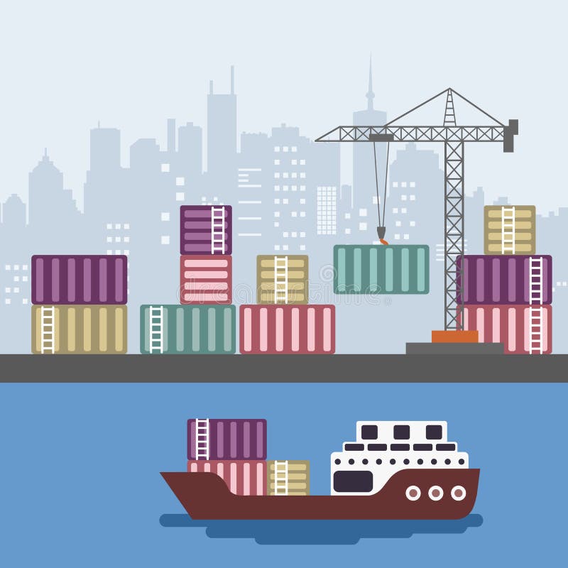 Navă container la terminalul de încărcare al portului de marfă. marina comercială. vector plat vector illustration